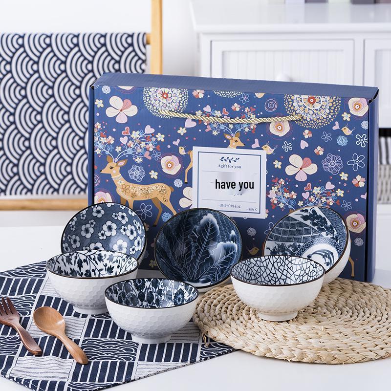Set di Ciotole in Porcellana Blu e Bianca con Bacchette - Scatola Regalo Personalizzabile