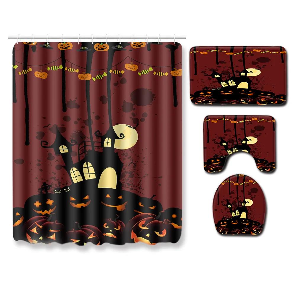 4-piece Set of Halloween Pumpkin Ghost Printed Waterproof Shower Curtain with Hooks, Bathroom Floor Mat, U-shaped Mat