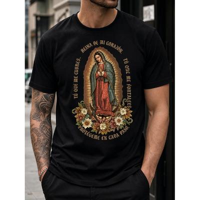 Men's Classic Fit Short Sleeve Cotton T-Shirt With Our Lady Of Guadalupe Graphic And Floral Design For Casual Wear