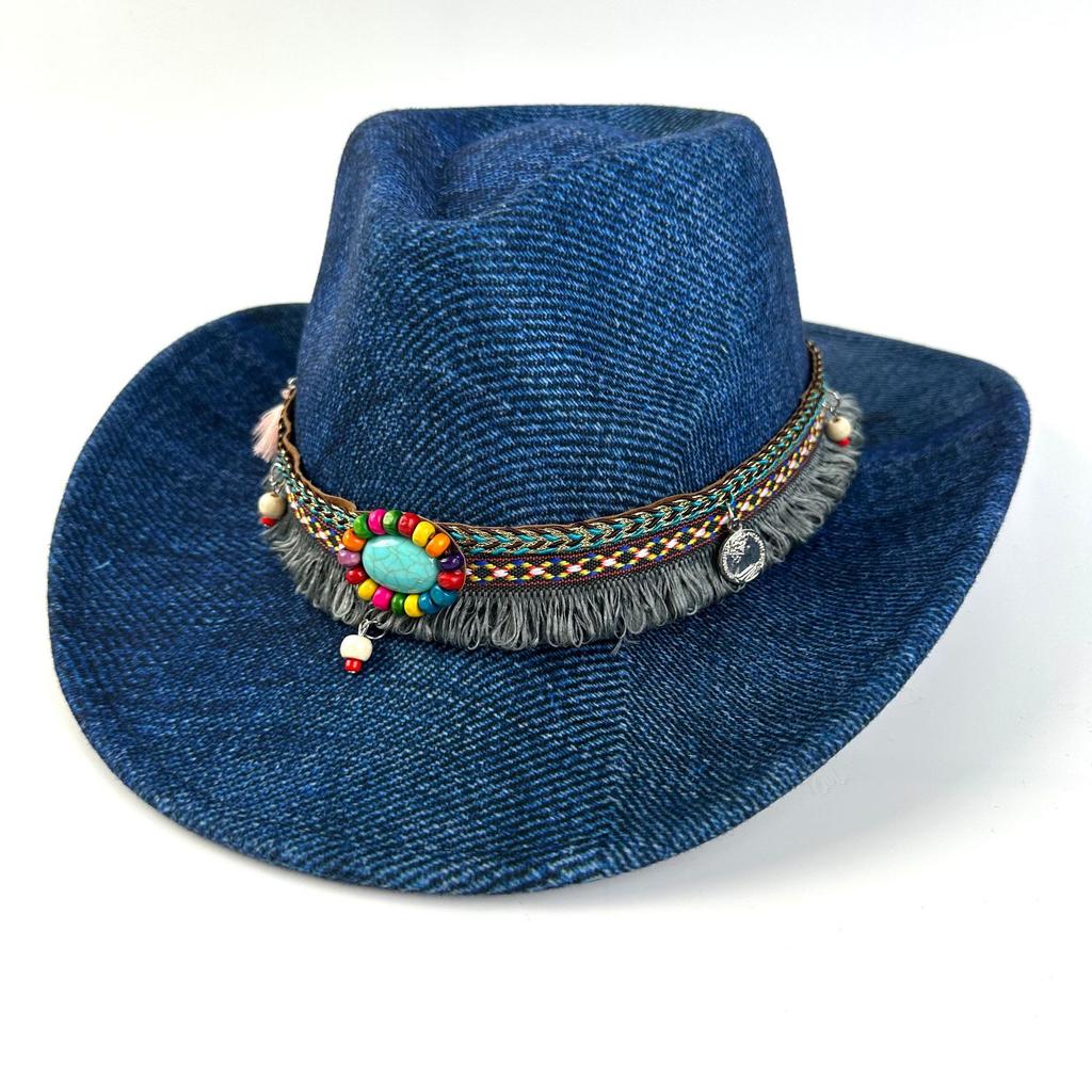 Außenhandel Minderheit Zylinder Fransen Western Cowboyhut Jazzhut Türkisfarbener Filzhut Outdoor Sonnenschutzhut