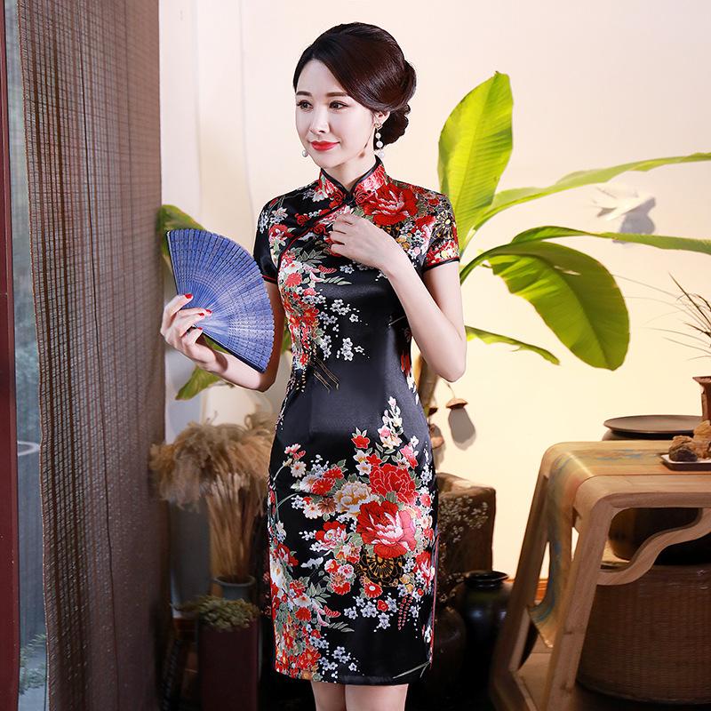 Women Dress Stand Collar Satin Cheongsam Dress For Daily Banquet Costumes