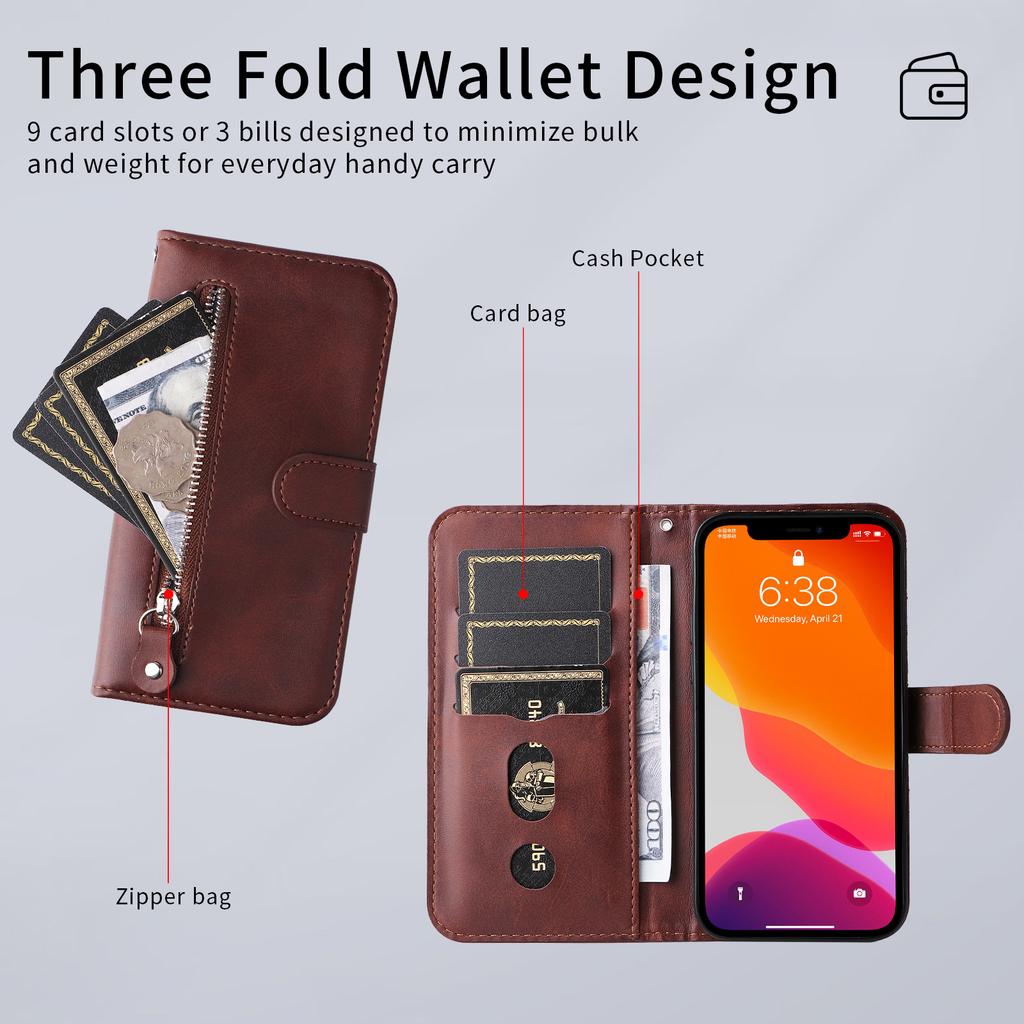 For iPhone 17 Pro PU Leather Cases with Zipper Pocket Wallet Phone Cover Stand