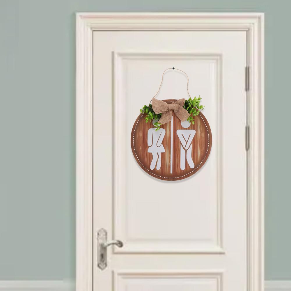 Bow Knot Wooden Toilet Sign Round Wall Hanging Signs Creative Bathroom Sign  Shower Room