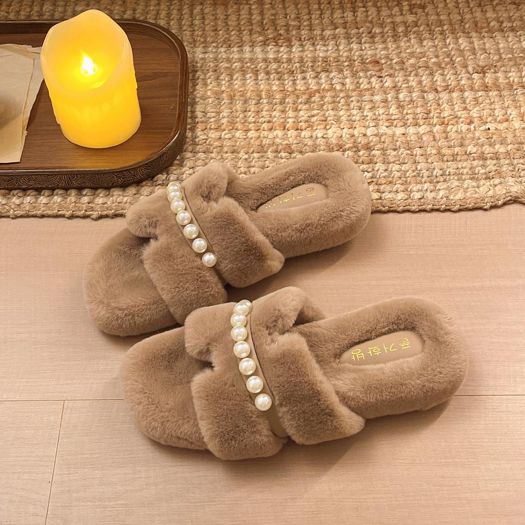 Autumn and winter new girls Xiaoxiangfeng pearl fluffy slippers wear versatile and comfortable thick soles do not tire feet to increase height shoes