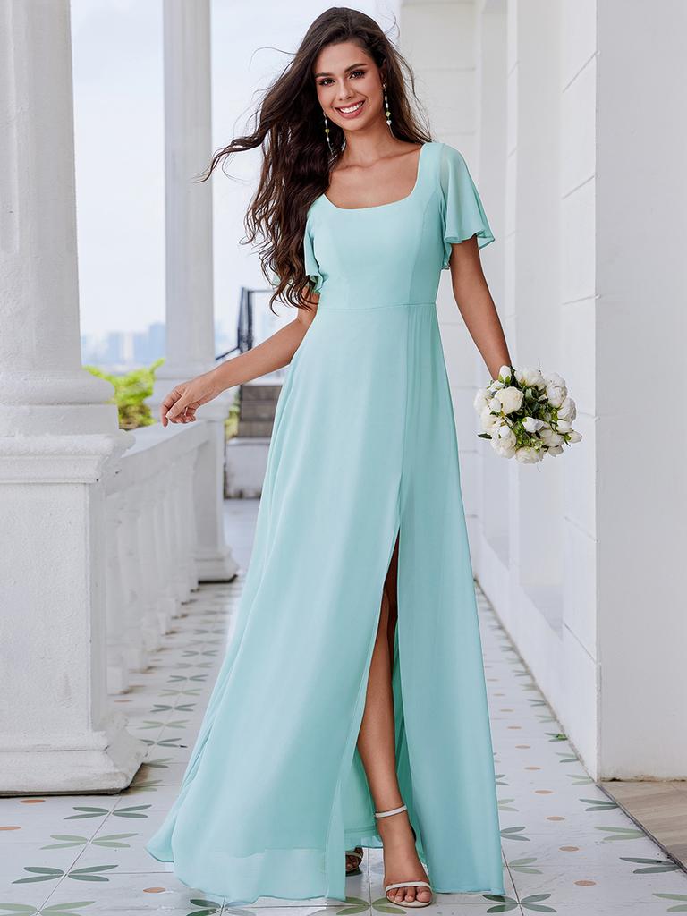 Ever-Pretty Women's U-Neck Backless Frenulum Knotting Short Sleeves High Slit A-Line Bridesmaid Dress Chiffon Evening Dresses