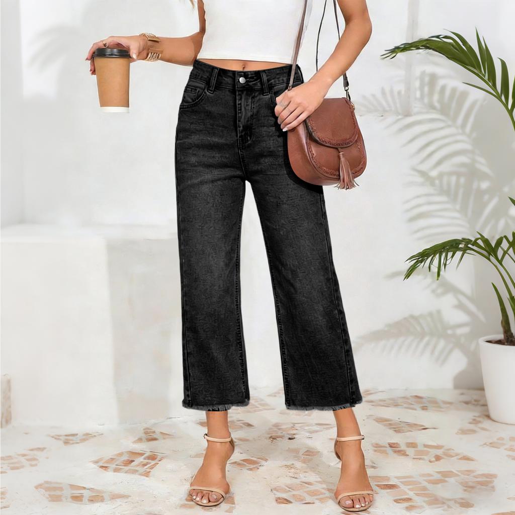 Pantalon Court Mode Taille Haute Classique Polyvalent en Denim pour Femmes