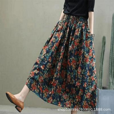 Cotton Linen Skirts for Women Fashion Casual Bohemian Y2k Print Long Skirt Summer Vintage Maxi Bottom Saias Woman Clothes Faldas