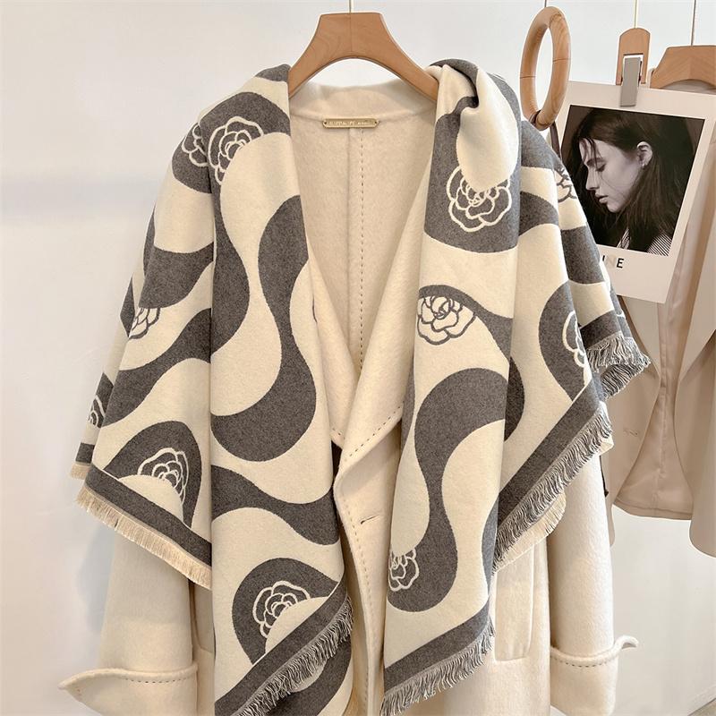 Winter Thick Warm Double Cashmere Scarf Shawl For Women Fashion Lady Long Camellia Temperament Blanket Bandana