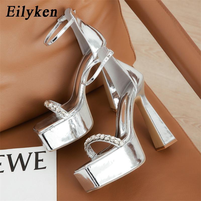Eilyken 2025 Brand CRYSTAL Buckle Strap Women Sandals Sexy Thick High Heels Platform Gladiator Dress Party Summer Shoes