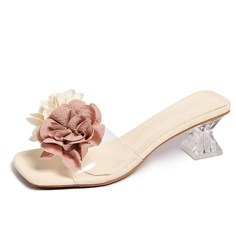 Large size flat slippers women's 2025 summer flower soft sole square head versatile slippers outer wear women's shoes foreign trade