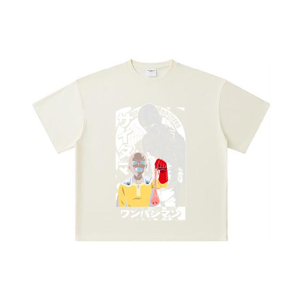 260 GSM Double Yarn 32 Count 100% Cotton One Punch Man V6 Saitama Print Unisex Heavy Cotton T Shirt
