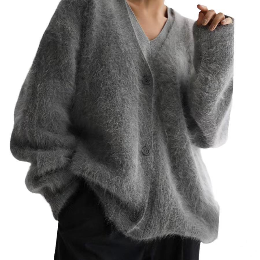 2024 Mink Hair V-Neck Cardigan: Loose Fit, Long Sleeve Sweater for Autumn/Winter Women