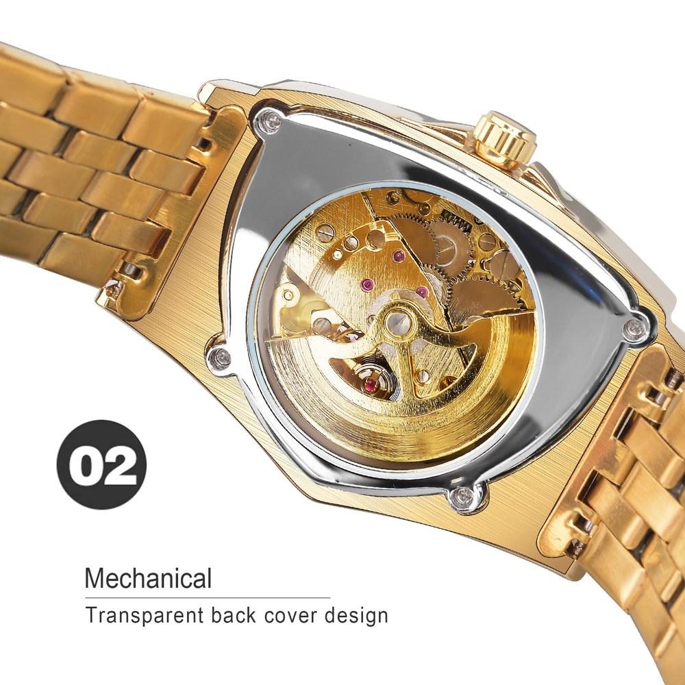 FORSINING Herren Skelett Automatikuhr Dreieckiges Zifferblatt Leuchtendes Edelstahlarmband oder Silikonarmband Gold-T Lässiger Stil