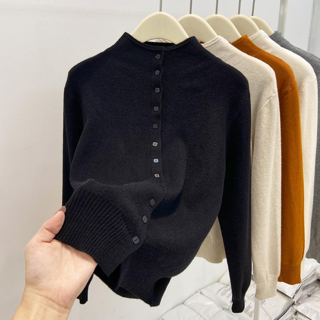 Premium Gray Autumn and Winter Stacked Wear Semi-turtleneck Long-sleeved Sweater Lazy Style Loose Casual Knitted Cardigan Top Women's Outfit