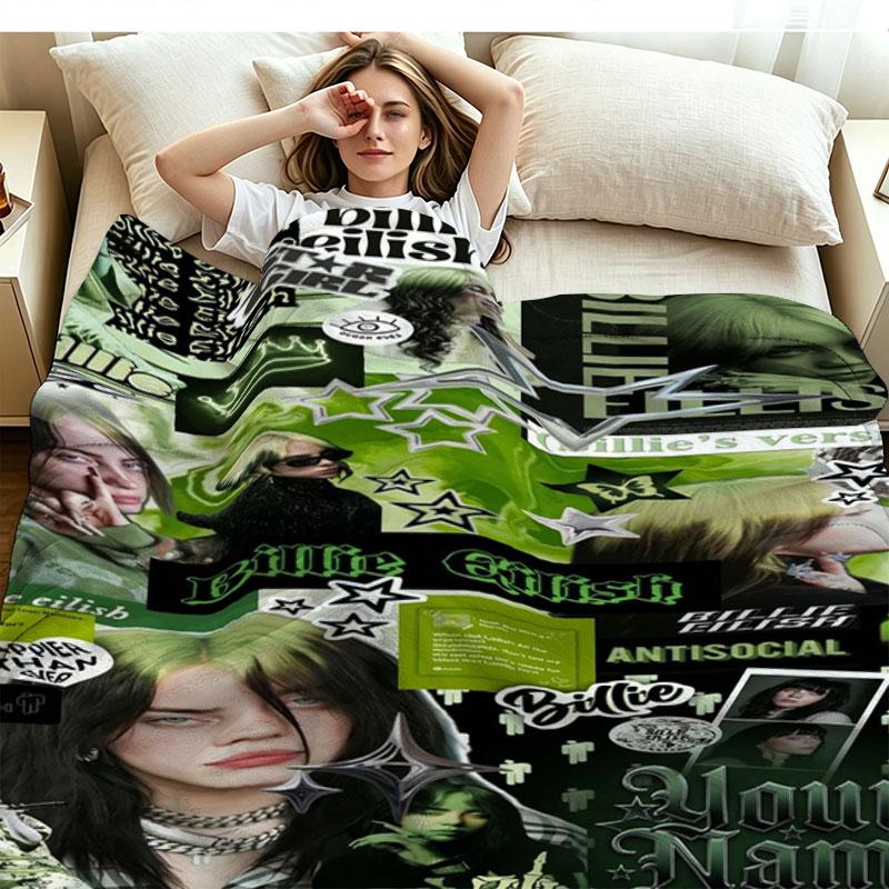 1PC Billie Eilish Custom Name Patterned Flannel Blanket Suitable For All Seasons for Home Decor Warmth and Comfort Gifts Holiday Present