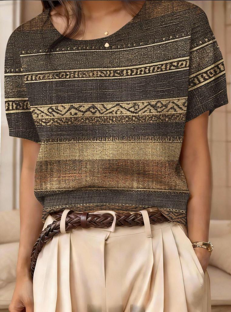 Top Maglione Girocollo a Maniche Corte Jacquard Color Block Retrò 2026
