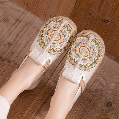 Zapatos Planos de Algodón y Lino para Mujer, Estilo Retro, Punta Redonda, Hechos a Mano, Estilo Étnico, Tela Bordada