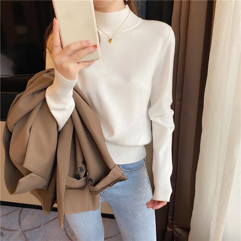 Autumn and Winter Pullovers Sweaters Women Fashion Loose Half High Neck Base Women Knitted Sweater Tops Elegant Solid Simple Ladies Knit Jumper 25730