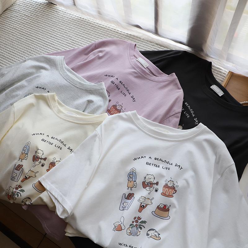 

2025 Korean Style Cartoon Print Slimming Loose Fit Women s T-shirt One Size