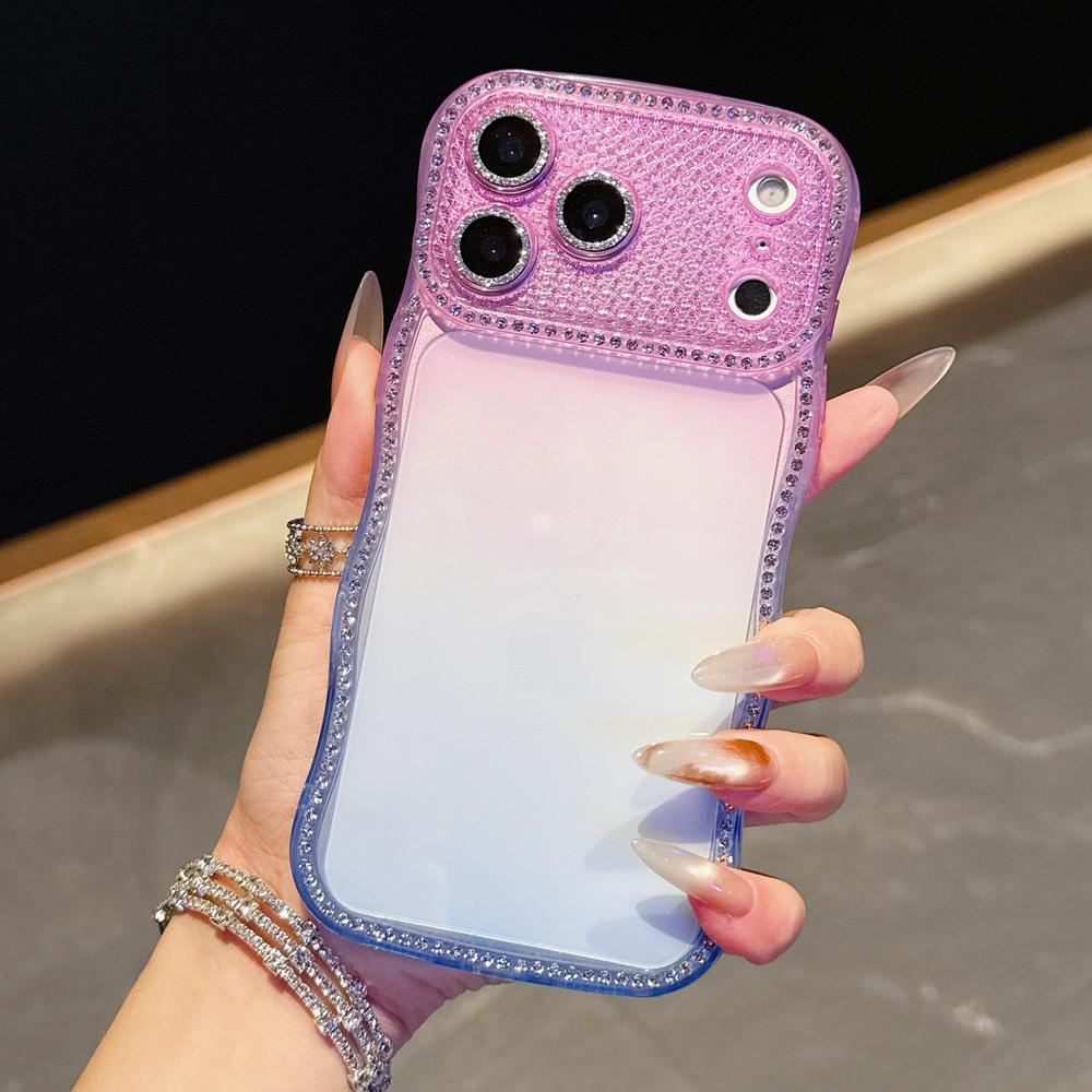 KEYSION Rhinestone Phone Case for iPhone 13 14 15 16 17 Pro Max 17 Air 16 Plus Transparent Wavy Lens Protector Shockproof Back Cover
