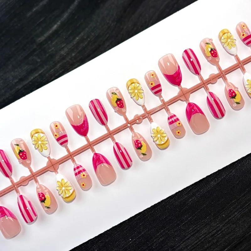 

24PCS Spring Summer Pink French Press On Nails, Fresh Strawberry Lemon Almond Fake Nails United States