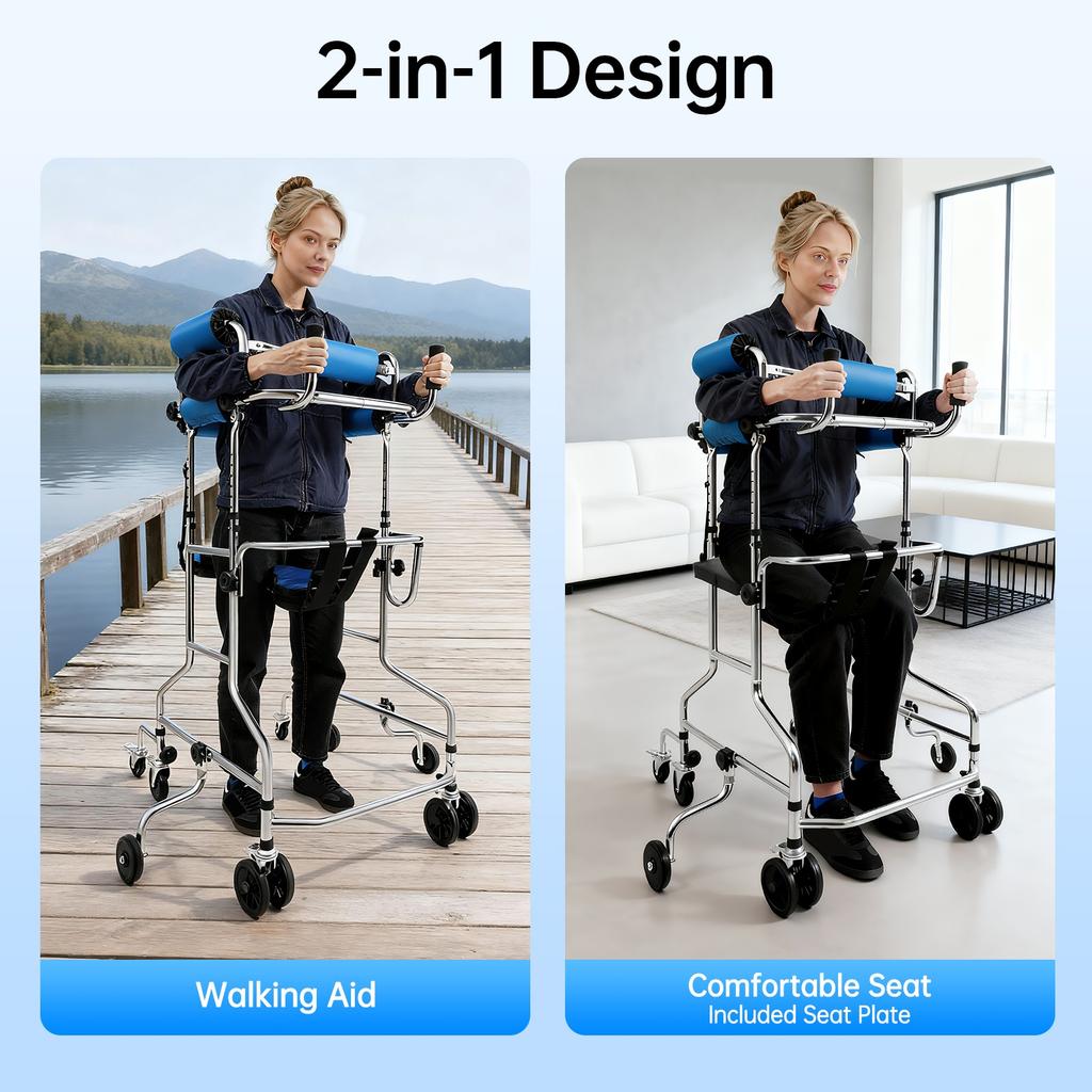Stand Up Walker 8 Wheels Elderly Handicap Rehab Walking Aid Adjustable Stable Carbon Steel Anti Tilt Soft Sponge Seat