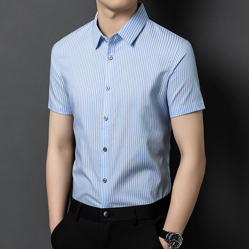Winter Seamless Short-Sleeved Striped Cotton Shirt 105 синий