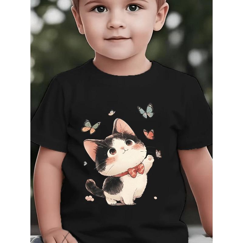 European sizes Kids' Short-Sleeved Spring, Summer And Autumn Cute Cartoon Cat Bow Tie Polka Dot Print Children'S Fashion Casual Versatile Top