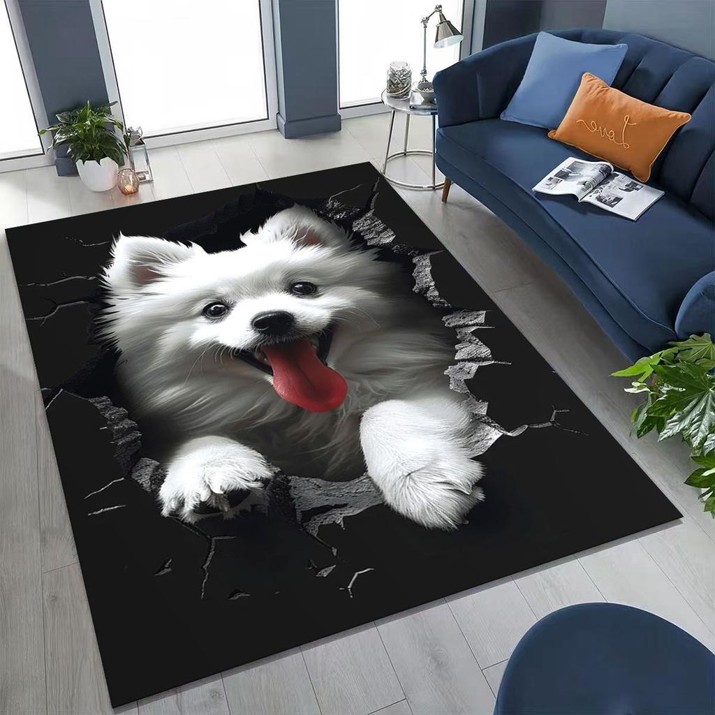 Tapete Fofo Cão Filhote Quebrando a Parede Ilusão 3D para Quarto Sala de Estar Sofá Casa Capacho Decoração, Tapete Grande Antiderrapante para Brincar de Crianças
