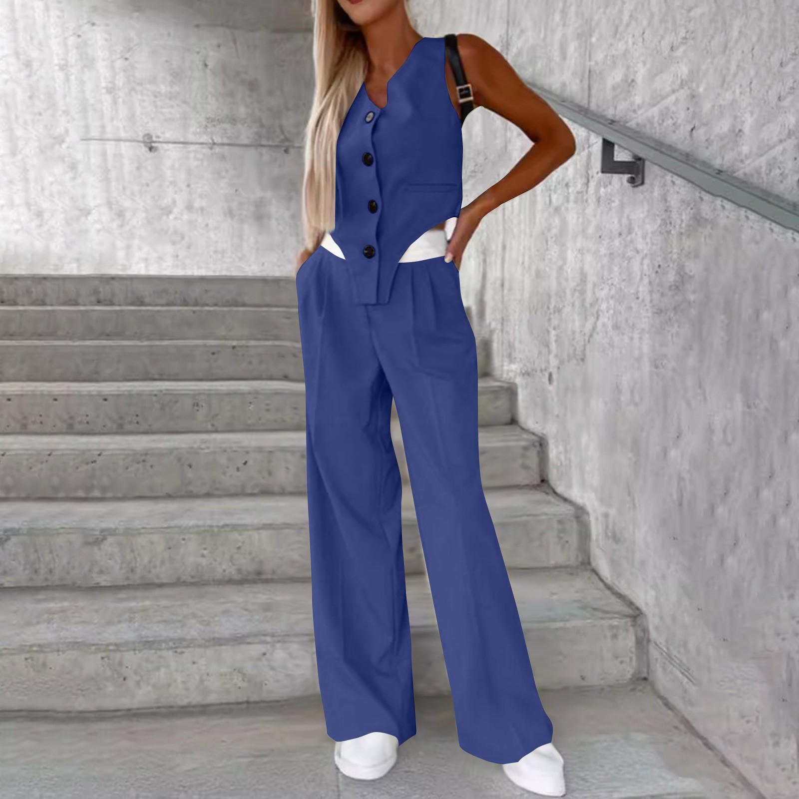 Женская летняя мода, повседневный жилет на пуговицах, комплект брюк, женская одежда S синий