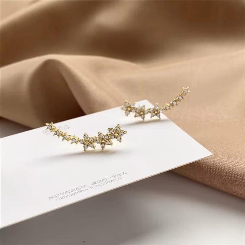 Rhinestone Flowers Ear Climbers Stud Earrings Women Trendy Flower Cuff Crawler Earrings for Bride Stud Earrings Wedding Jewelry