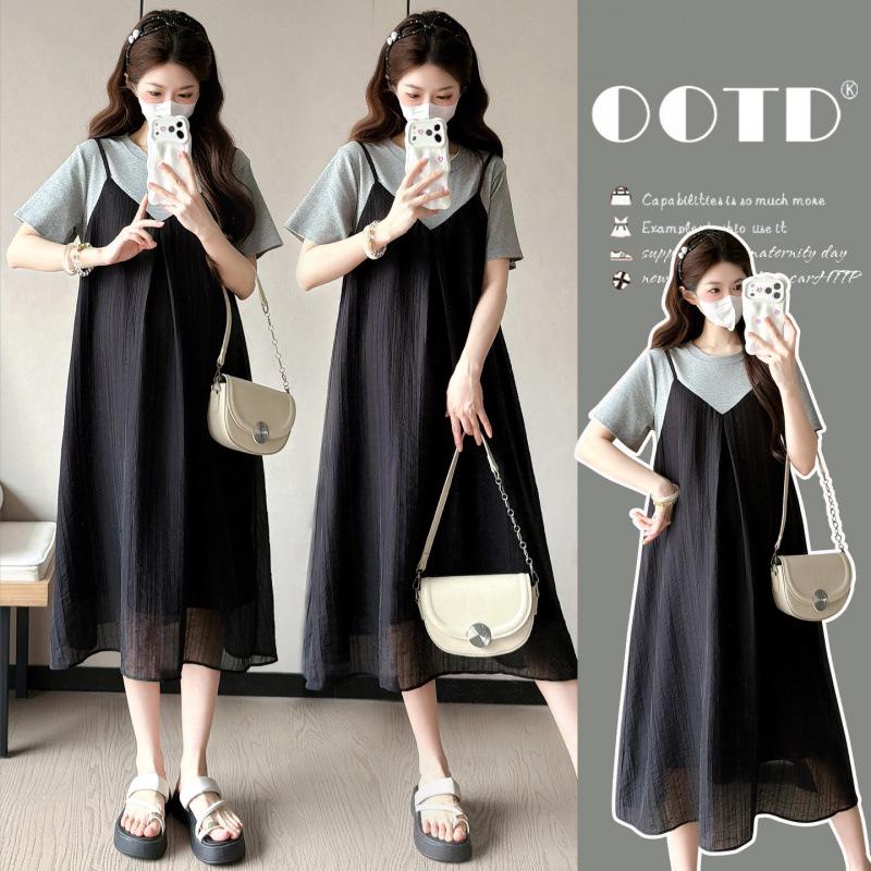 Simple Summer Korean Style Patchwork Two-Piece Slimming Maternity Dress L