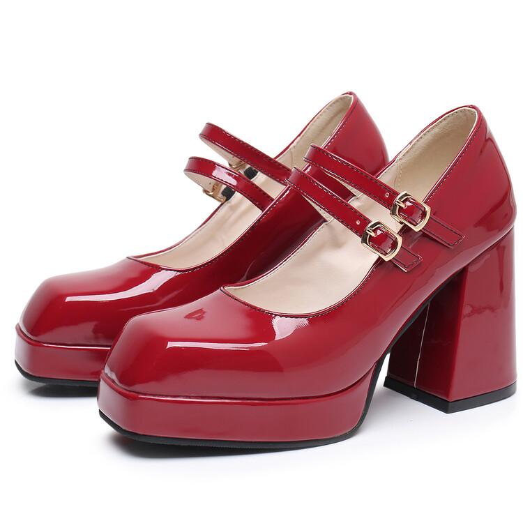 Women Pu Leather Pumps Thick High Heels Square Toe Buckle Mary Janes Fashion Party Spring Autumn Shoes Black Wine Red