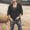 Camicia Casual da Uomo in Cotone e Lino a Manica Corta con Scollo a V e Laccio T-shirt Bohemian Vintage Top Estivo da Spiaggia