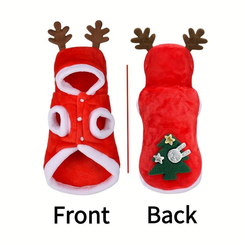

Christmas Dog Costume – Red Hood with Reindeer Antlers & Tree, Knit Polyester, Button Closure – Xmas Gift & Decor