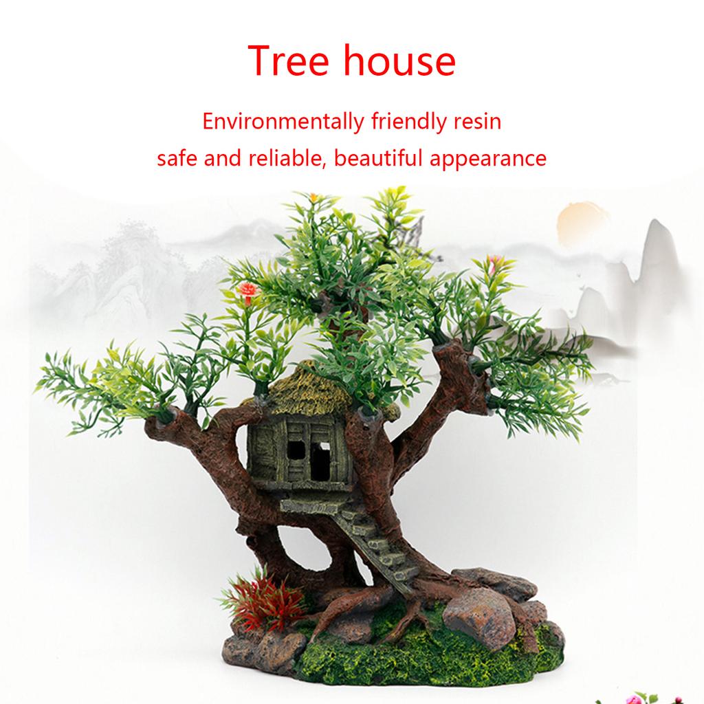 Aquarium Resin Tree House Decoration for Fish for Tank Hideout with Rock Grass