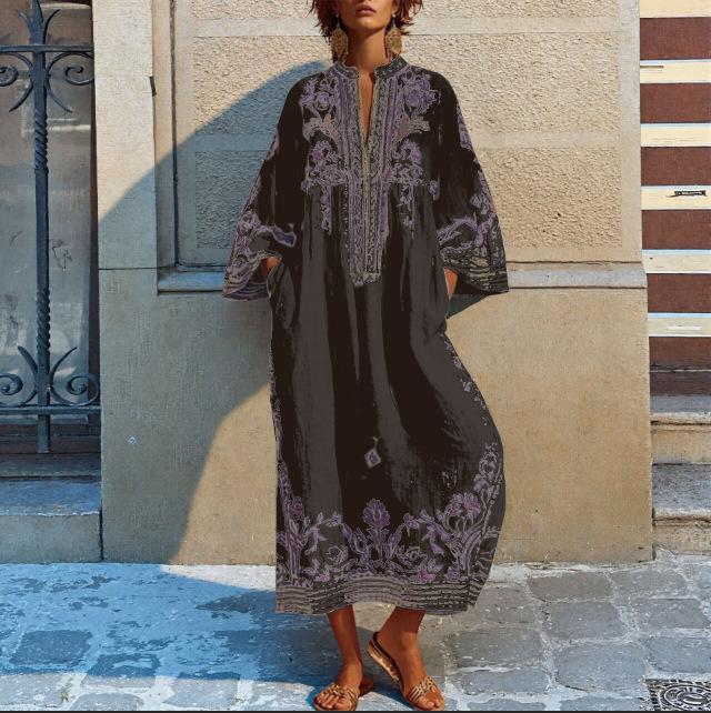 Boho Stil V-Ausschnitt Lässiges Kurzarm Maxikleid mit Print Lockerer Schnitt Leichtes Sommerkleid für Damen