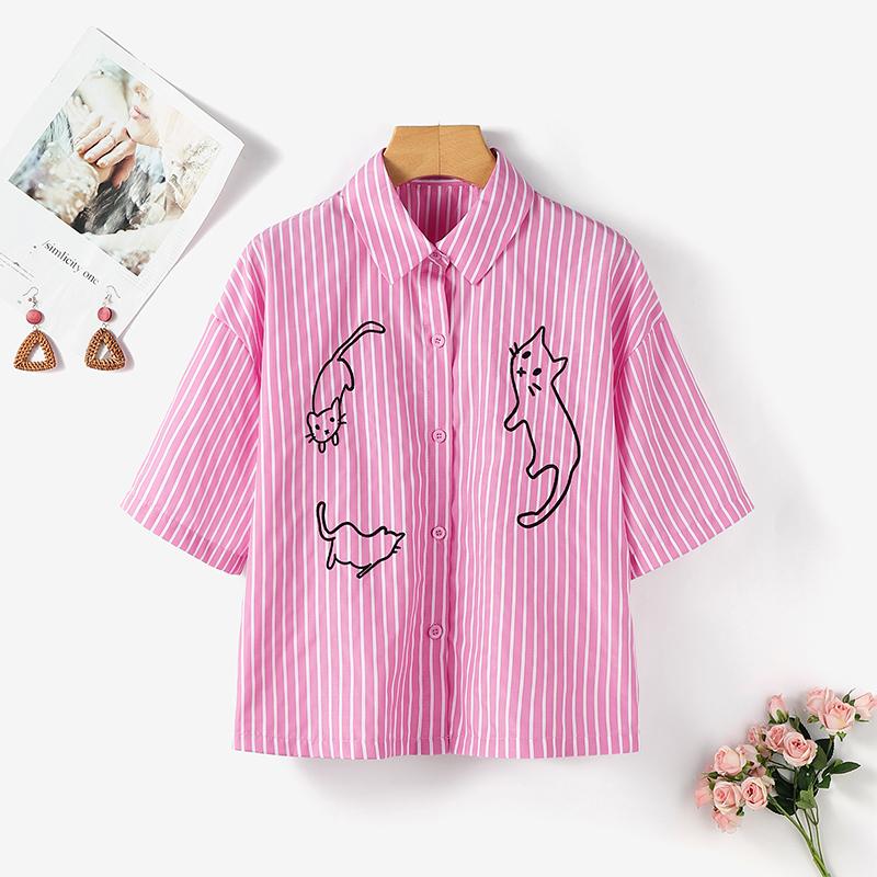 ZANZEA Women Turn Down Collar Loose Casual Short Sleeve Stripe Blouse