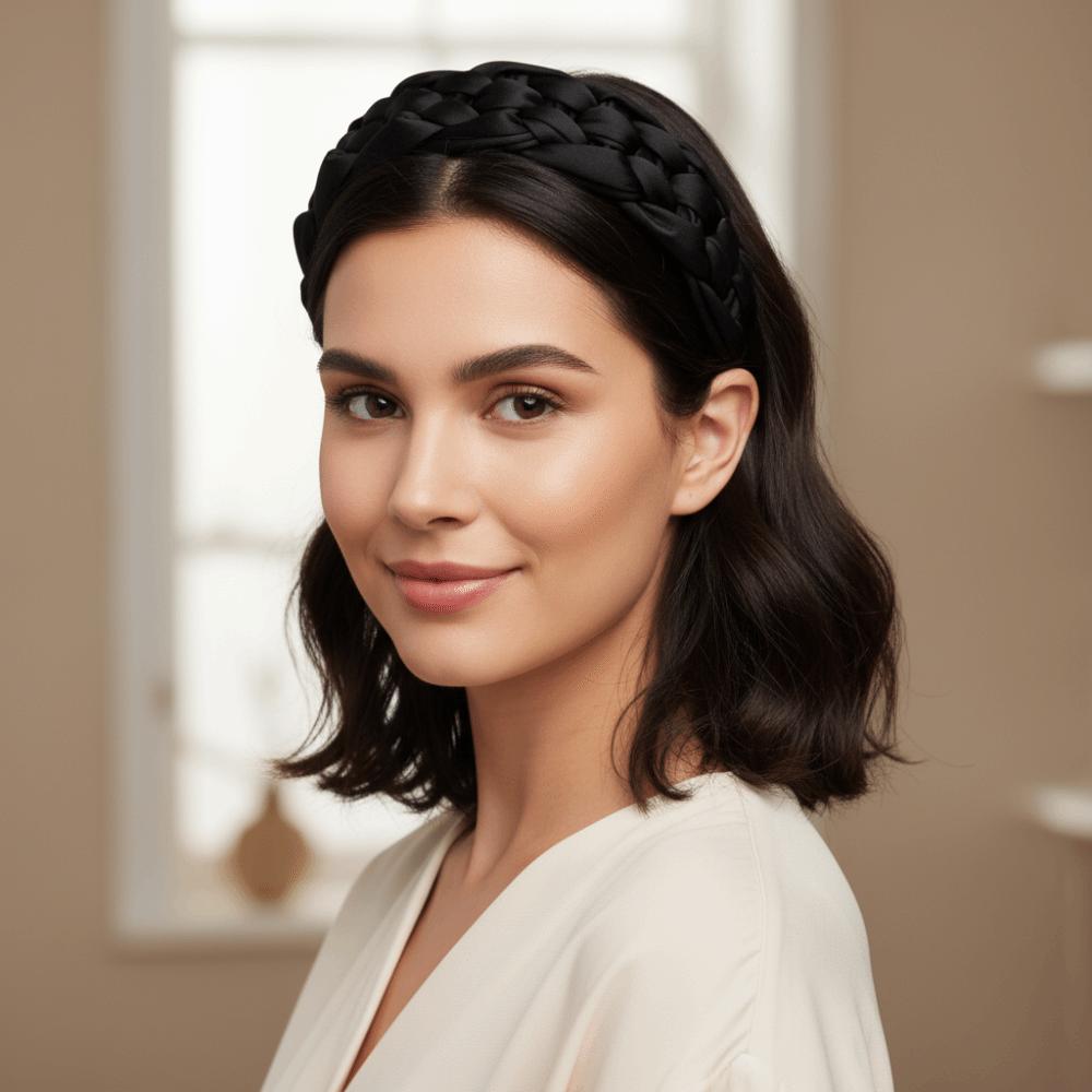 Satin Black Headband Padded Design Women Head Hoop Fashion Braided Hairband Party
