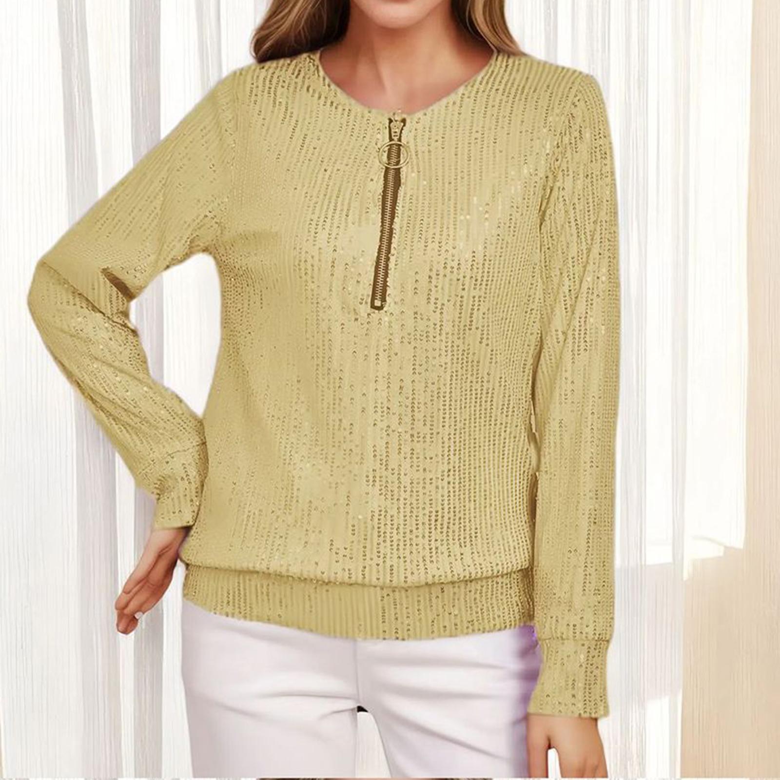 

Women s Fashionable Casual Loose-Fit Round Neck Long-Sleeved Solid-Colour Sequinned T-Shirt Top XL жовтий