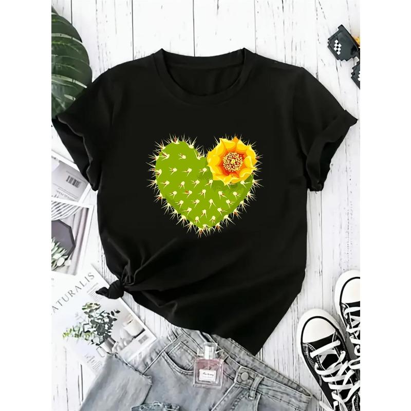 

Black Short-Sleeve Loose-Fit T-Shirt for Plus-Size Women Featuring A Comfortable Cactus Heart and Desert Flower Graphic, S чёрный