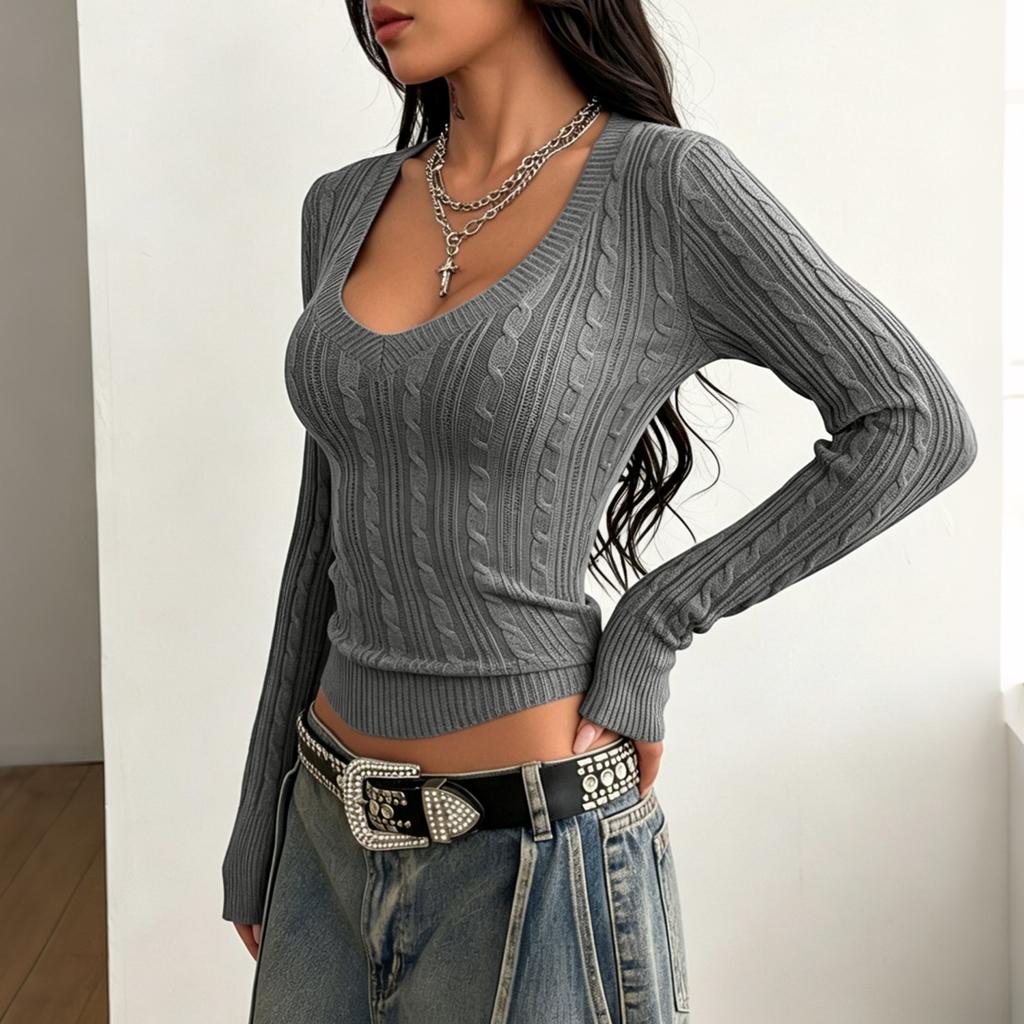 Women's Cable Knit V-Neck Sweater Slim Fit Cropped Long Sleeve for Spring and Fall