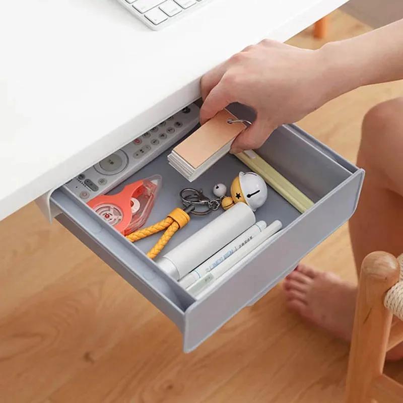 Hidden Hanging Storage Box Kitchen Drawer Knife Fork Spoon Tray Self Adhesive Under Desk Drawer Office Stationery Tool Organizer