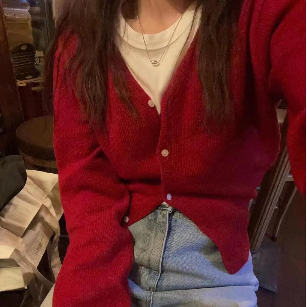 Koreanischer schicker gestrickter Unterziehshirt Damen Elegant Neu Kurzer Cardigan Pullover Oberbekleidung Süß V-Ausschnitt Langarm Tops 2026 Herbst