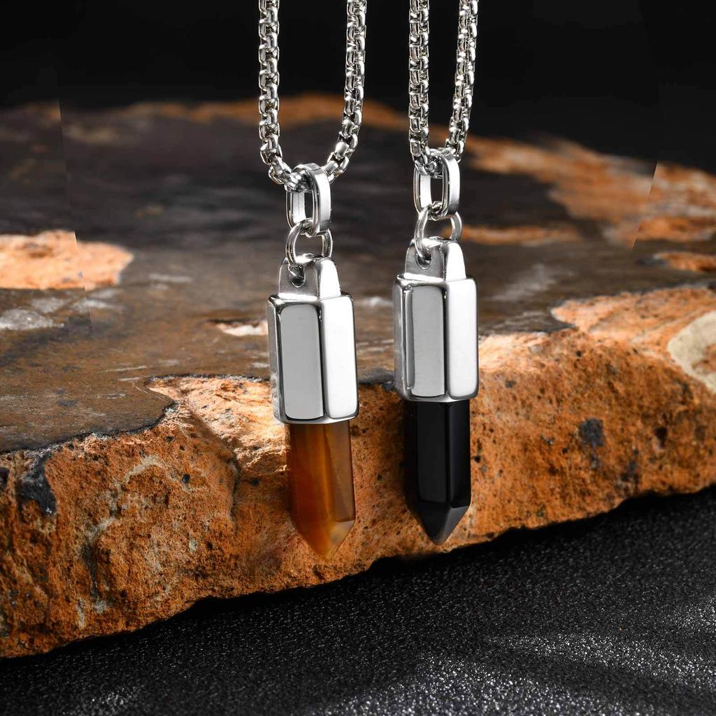 Stilvolle Herren-Halsketten mit Naturstein-Geschoss, Vintage Edelstein Heilung Edelstahl-Anhänger-Halskette, Geburtstagsgeschenk für Vater