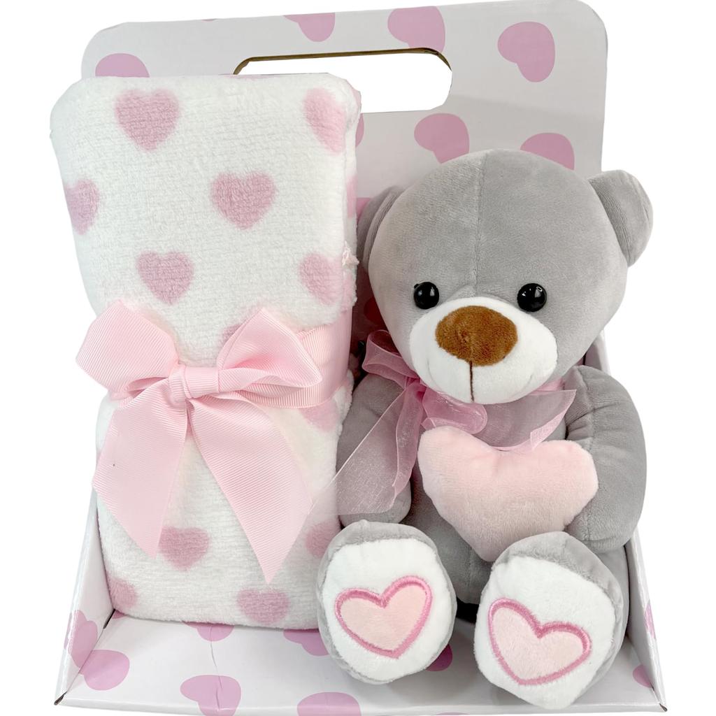Q-FLA Teddy Bear Plush Toy, Animal Gift, Bear & Blanket Pink Heart Set, Perfect for Baby Showers and Celebrations, 826559