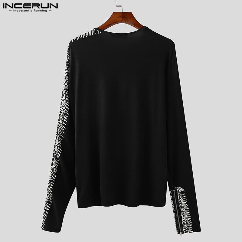 INCERUN Men Spring Long Sleeve Print Undershirts Casual Slim Zipper Hem Tops