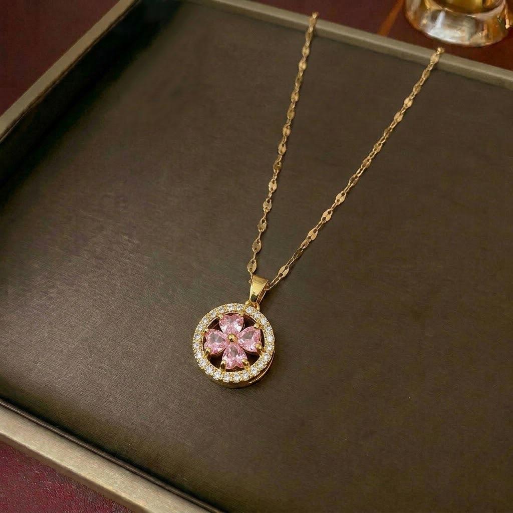 Women's European & American Style Colorful Diamond Flower Rotating Pendant Necklace