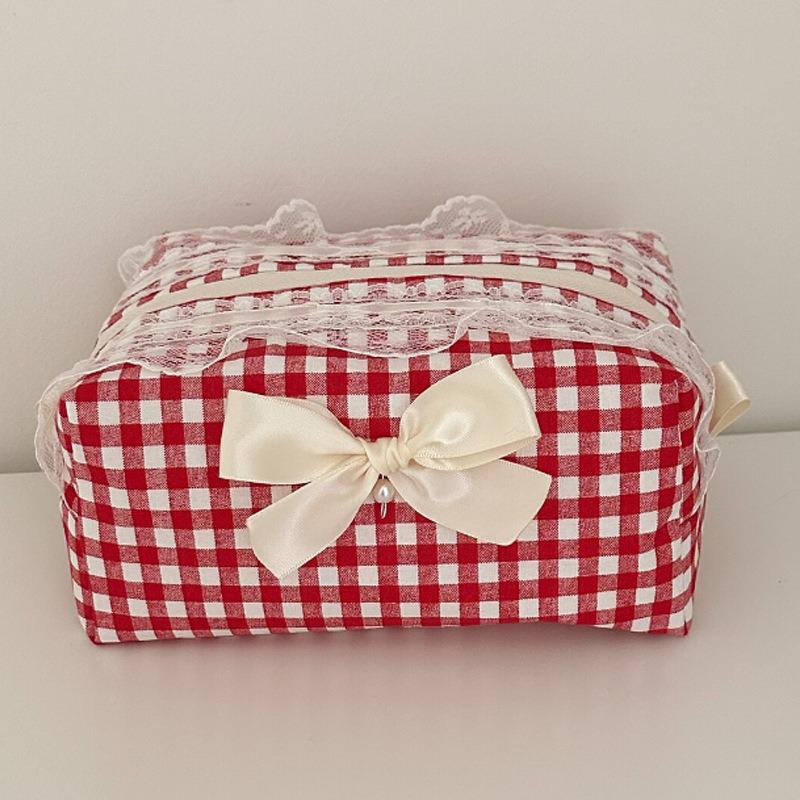 Lace Trim Makeup Bag with Bow & Pearl - Skincare, Menstrual Pad, & Toiletry Organizer