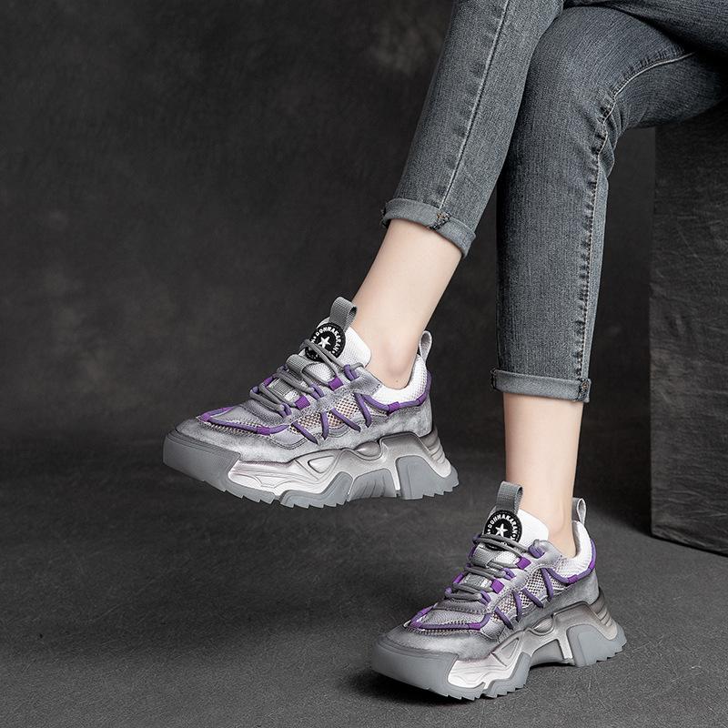 2026 Sommer Neu Dicke Sohle Vollrindleder Mesh Atmungsaktiv Dad Schuhe Mode Lässig Damen Sneaker